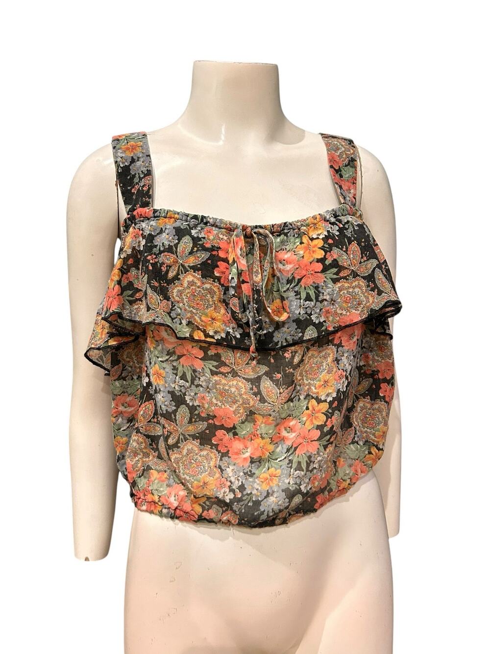 Vintage 70s Floral Ruffle Crop Top Tie Front Cami Medium Boho Cottagecore -